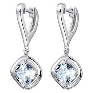 Platinum Plated 925 Sterling Silver Heart‎ Diamond Simulant Dangle Earrings, NEW